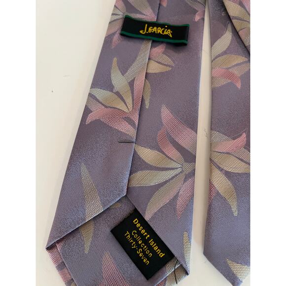J. Garcia Men's Silk Necktie Pastel Purple Pink Green All Over Leaves Print JL - Picture 4 of 8